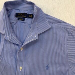 Polo Ralph Lauren Men 16 34/35 Slim Fit Easy Care Blue White Striped Shirt‎